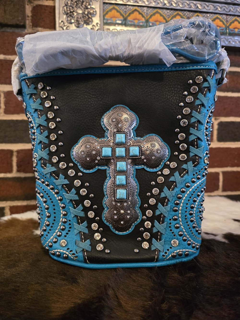 Montana West Black and Turquoise Cross-Embellished Shoulder Bag